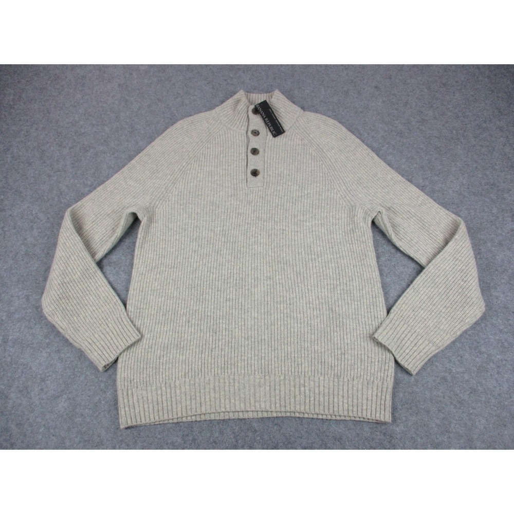 Banana Republic Sweater Mens Large Beige Henley Chunky Knit Italian Yarn Wool